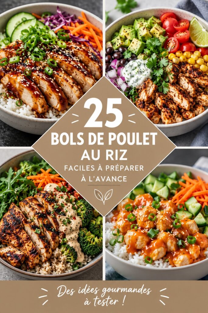 Bols de poulet et riz colorés sur une table en bois
