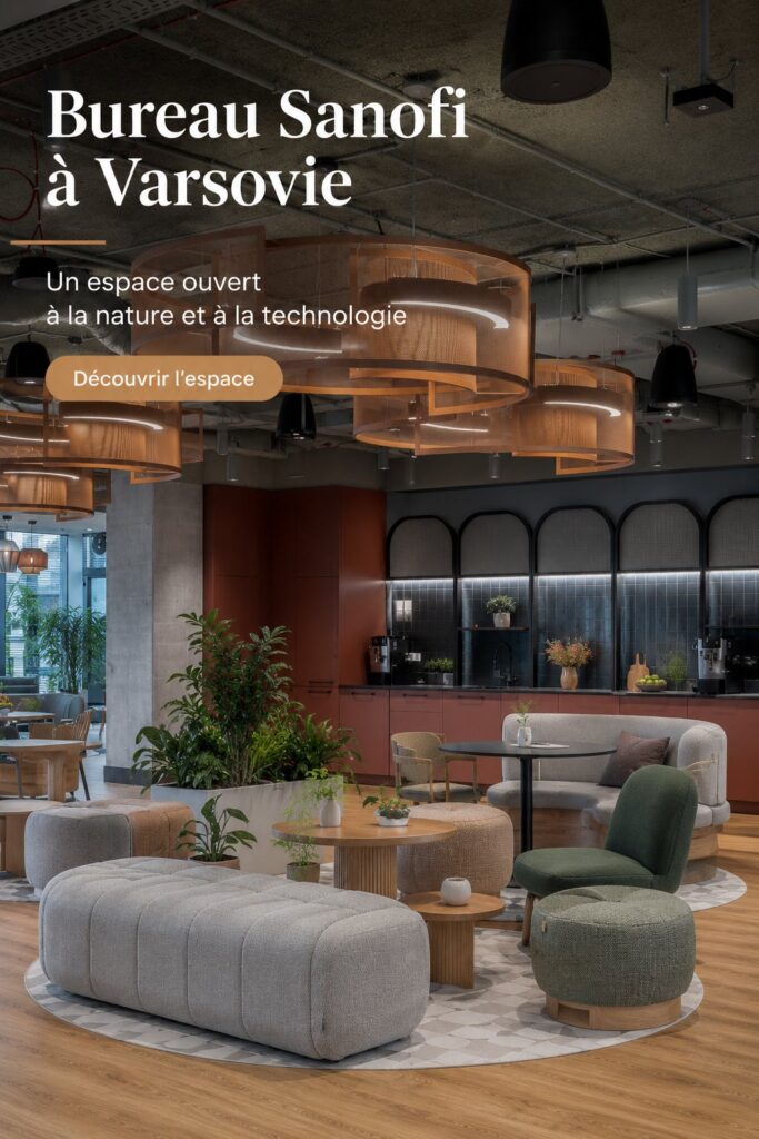 Bureau Sanofi à Varsovie, alliant nature et technologie dans un espace de travail moderne.