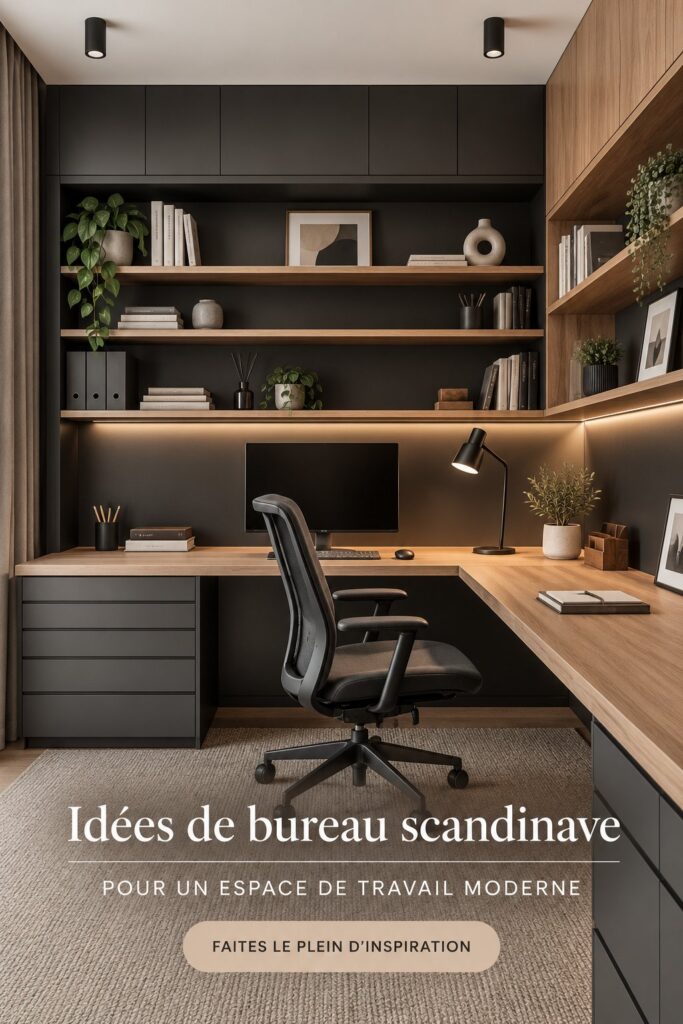Bureau scandinave moderne et chaleureux avec décoration épurée.