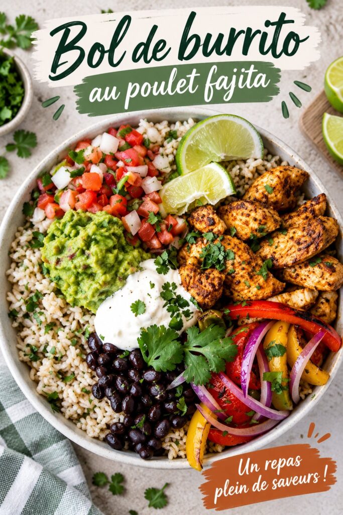 Un burrito bowl au poulet façon fajita, riche en couleurs et en saveurs.