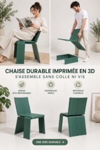 Chaise moderne imprimée en 3D, sans vis ni colle, dans un salon élégant