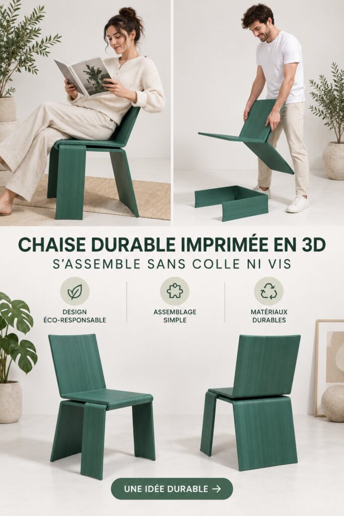 Chaise moderne imprimée en 3D, sans vis ni colle, dans un salon élégant