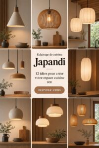 Cuisine japandi avec un éclairage zen, harmonieux et apaisant.