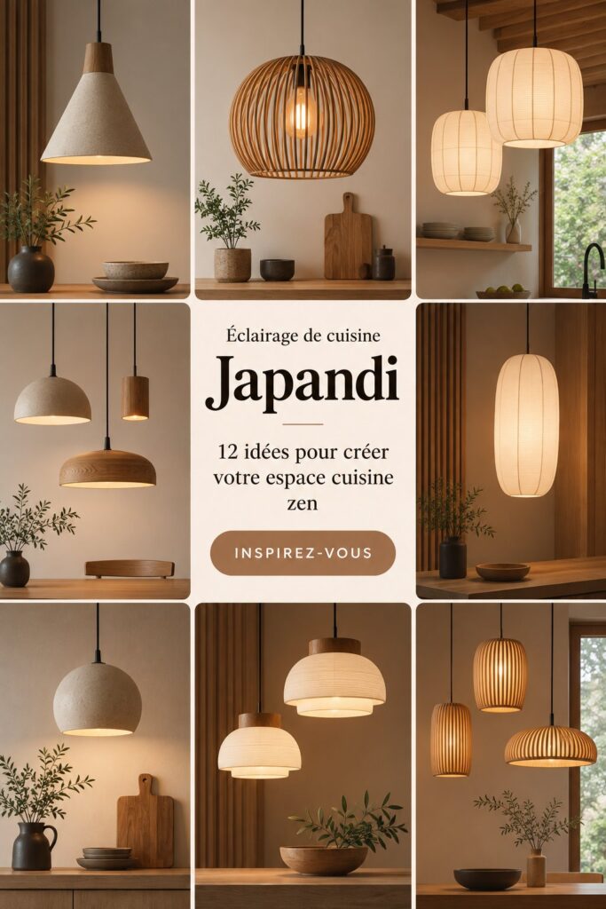 Cuisine japandi avec un éclairage zen, harmonieux et apaisant.