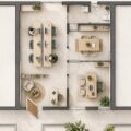 Espace de travail moderne avec des éléments décoratifs chaleureux et mobilier chic.