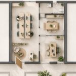 Espace de travail moderne avec des éléments décoratifs chaleureux et mobilier chic.