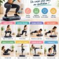 Femme de 40 ans utilisant une plateforme vibrante dans un salon lumineux