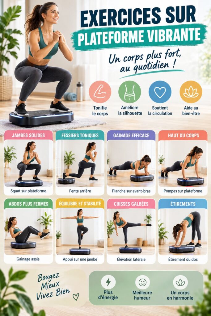 Femme de 40 ans utilisant une plateforme vibrante dans un salon lumineux