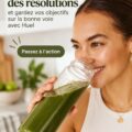 Un smoothie Huel vert, illustrant une alimentation équilibrée et pratique pour atteindre ses objectifs de santé.
