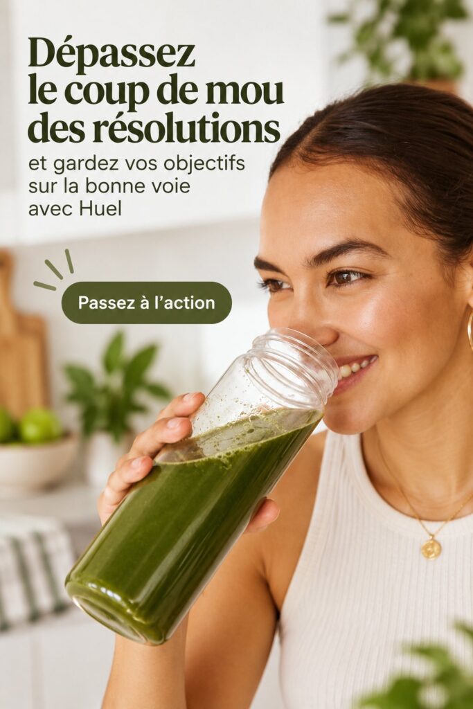 Un smoothie Huel vert, illustrant une alimentation équilibrée et pratique pour atteindre ses objectifs de santé.
