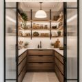 Photographie d'un élégant garde-manger organisé avec des bocaux étiquetés et des étagères bien remplies.