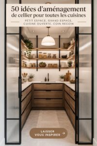 Photographie d'un élégant garde-manger organisé avec des bocaux étiquetés et des étagères bien remplies.