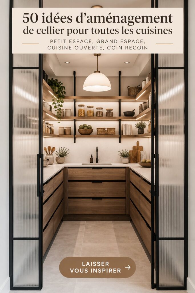 Photographie d'un élégant garde-manger organisé avec des bocaux étiquetés et des étagères bien remplies.