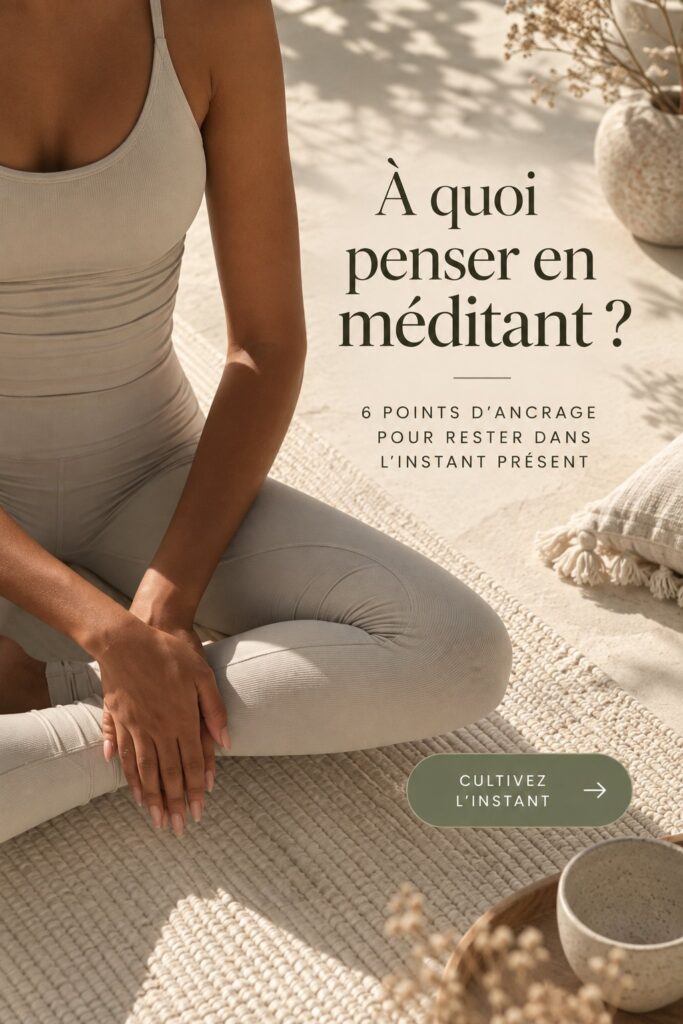 Femme méditant dans un espace tranquille, entourée de plantes, en pleine concentration sur l'instant présent.