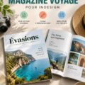 Un modèle de magazine de voyage moderne avec des images colorées et une mise en page élégante.