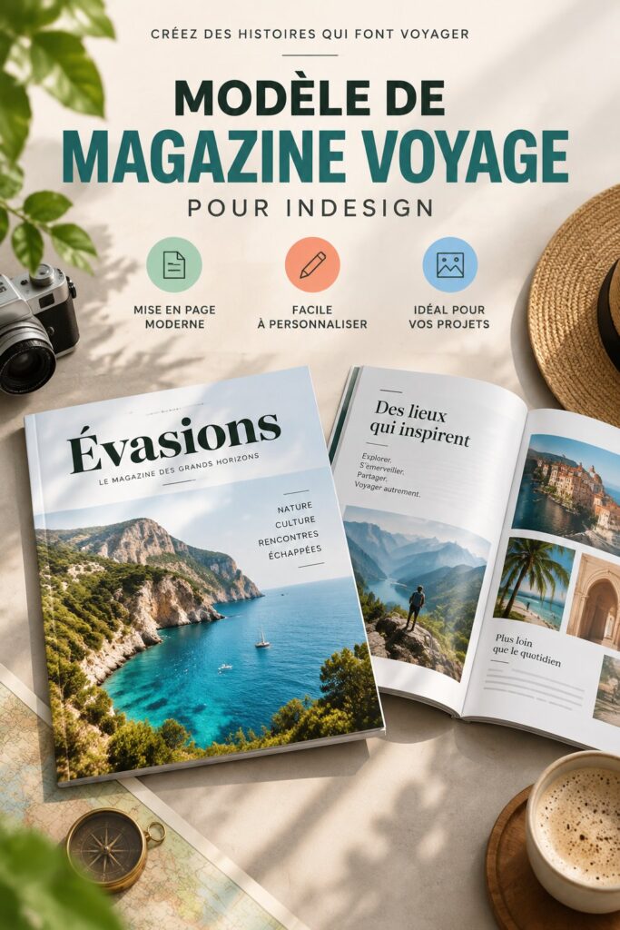Un modèle de magazine de voyage moderne avec des images colorées et une mise en page élégante.