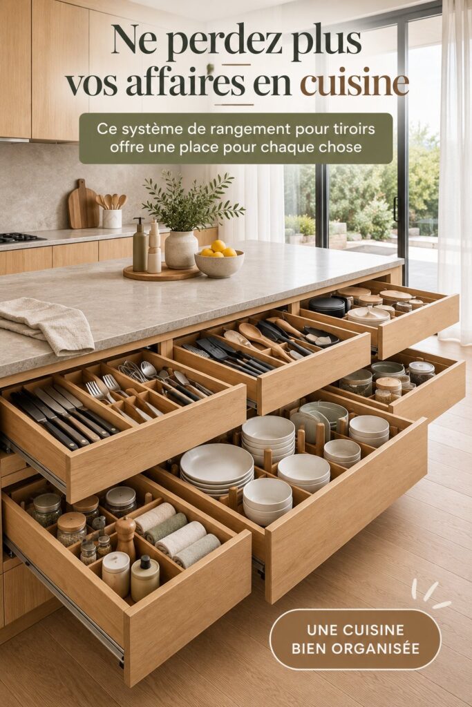 Une cuisine bien organisée avec des tiroirs parfaitement rangés