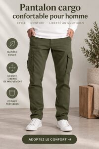 Femme portant des pantalons cargo confortables, style décontracté.