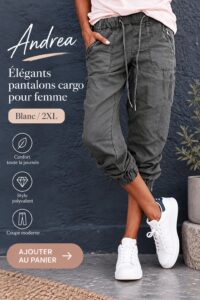 Femme portant un pantalon cargo élégant et moderne dans un cadre urbain.