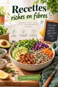 Recettes saines et riches en fibres présentées sur une table