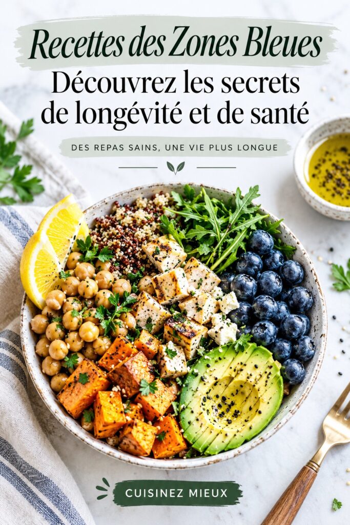 Un plat coloré et sain inspiré des recettes des zones bleues, mettant en avant des ingrédients frais et nutritifs.