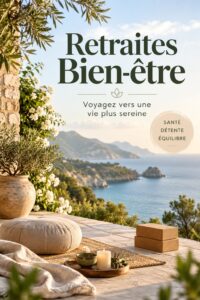 Une vue panoramique d'une retraite spa en pleine nature, montrant des installations relaxantes et un environnement apaisant.