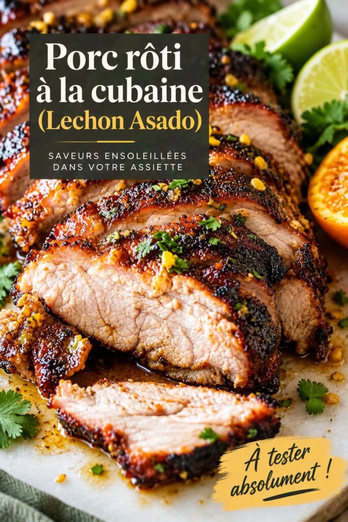 Rôti de porc cubain moelleux servi avec des accompagnements colorés.