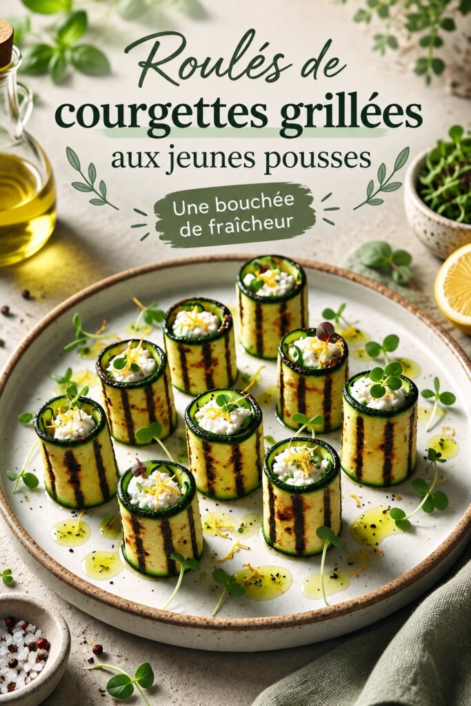 Assiette de roulés de courgettes grillées garnis de micro-pousses