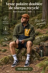 Veste polaire doublée en sherpa recyclé, couleur kaki, affichée sur un fond naturel.
