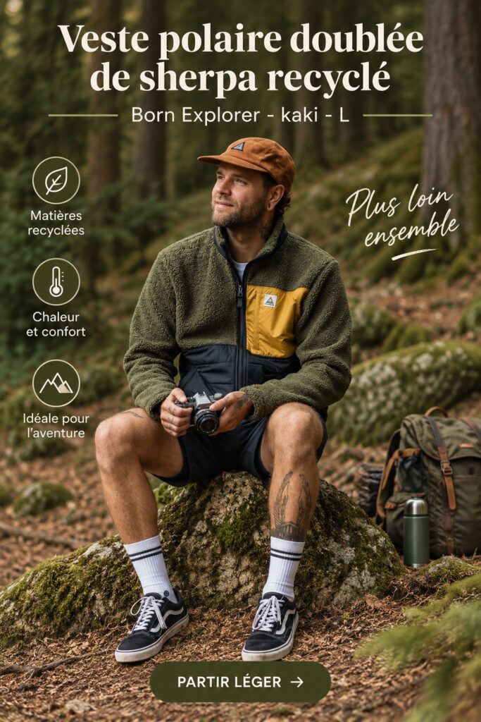 Veste polaire doublée en sherpa recyclé, couleur kaki, affichée sur un fond naturel.