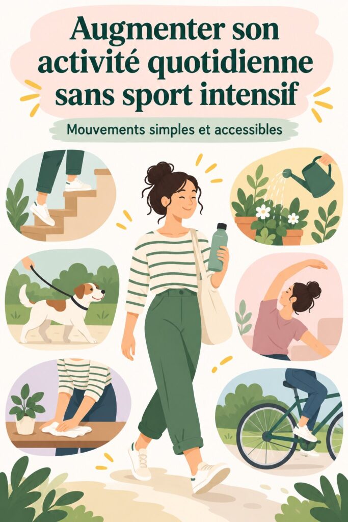 Femme s'activant dans des tâches quotidiennes tout en souriant, évoquant une vie active sans sport intensif.