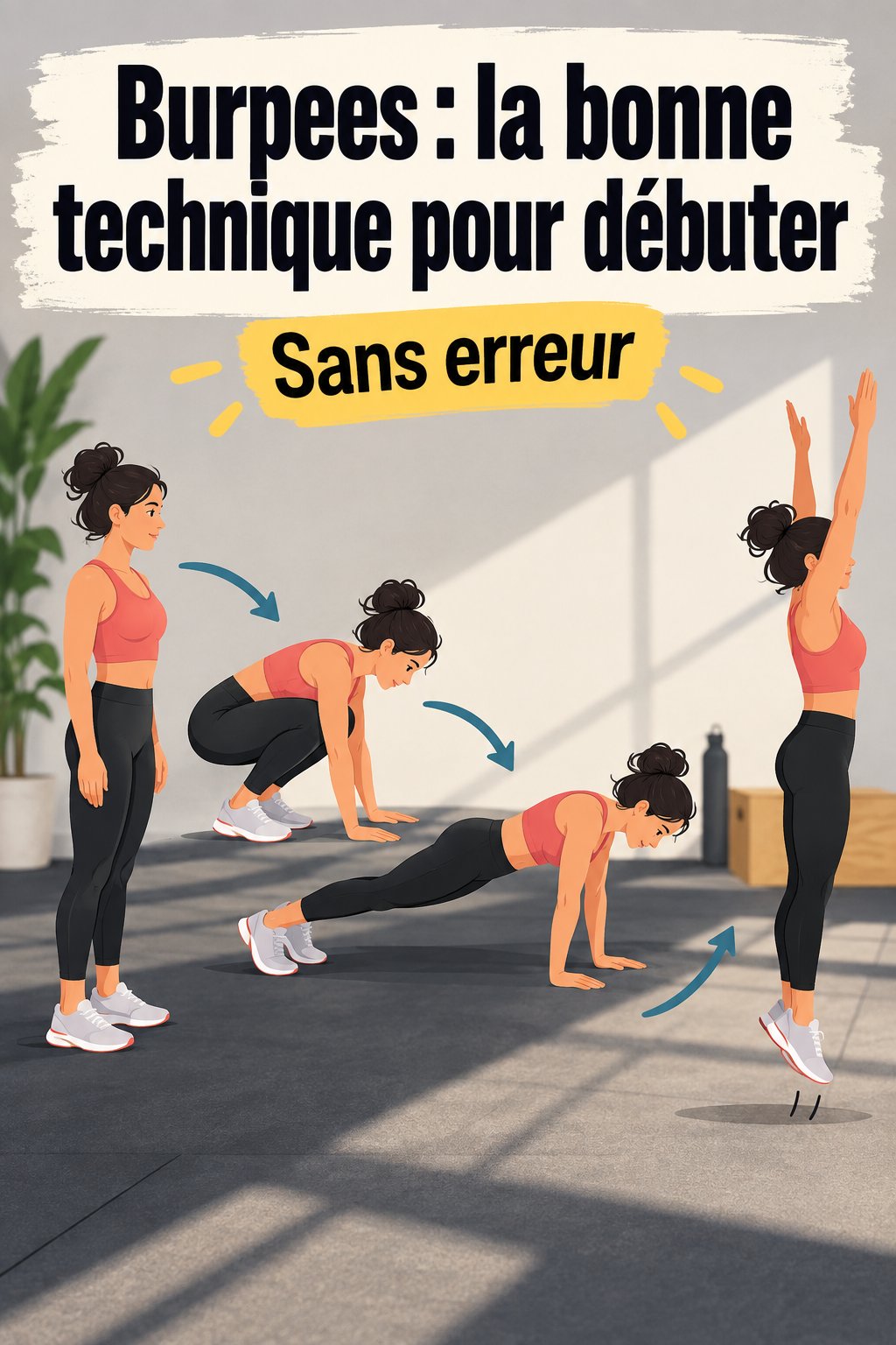 Femme exécutant des burpees dans un salon, montrant la bonne posture.