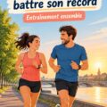 Un couple de coureurs franchit la ligne d'arrivée du semi-marathon de Copenhague, sourires aux lèvres et complicité visible.