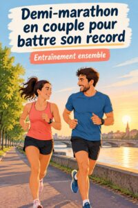 Un couple de coureurs franchit la ligne d'arrivée du semi-marathon de Copenhague, sourires aux lèvres et complicité visible.