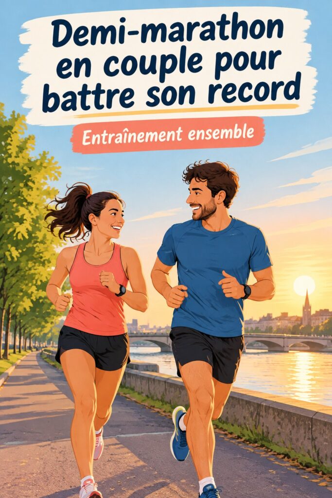 Un couple de coureurs franchit la ligne d'arrivée du semi-marathon de Copenhague, sourires aux lèvres et complicité visible.