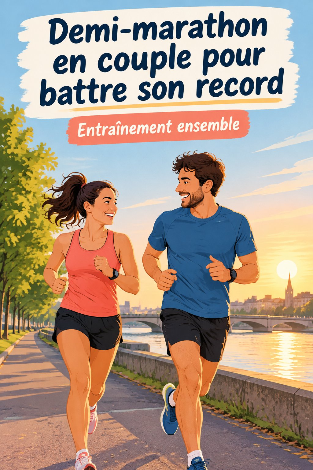 Un couple de coureurs franchit la ligne d'arrivée du semi-marathon de Copenhague, sourires aux lèvres et complicité visible.
