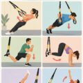 Femme utilisant un TRX pour s'entraîner à la maison, illustrant la pratique du fitness.