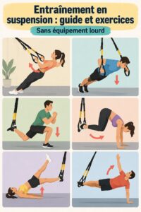 Femme utilisant un TRX pour s'entraîner à la maison, illustrant la pratique du fitness.