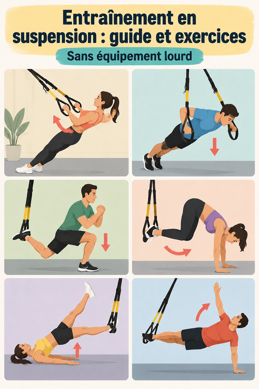 Femme utilisant un TRX pour s'entraîner à la maison, illustrant la pratique du fitness.