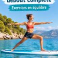 Femme pratiquant le SUP sur un lac calme, rayonnante de bien-être et détermination.