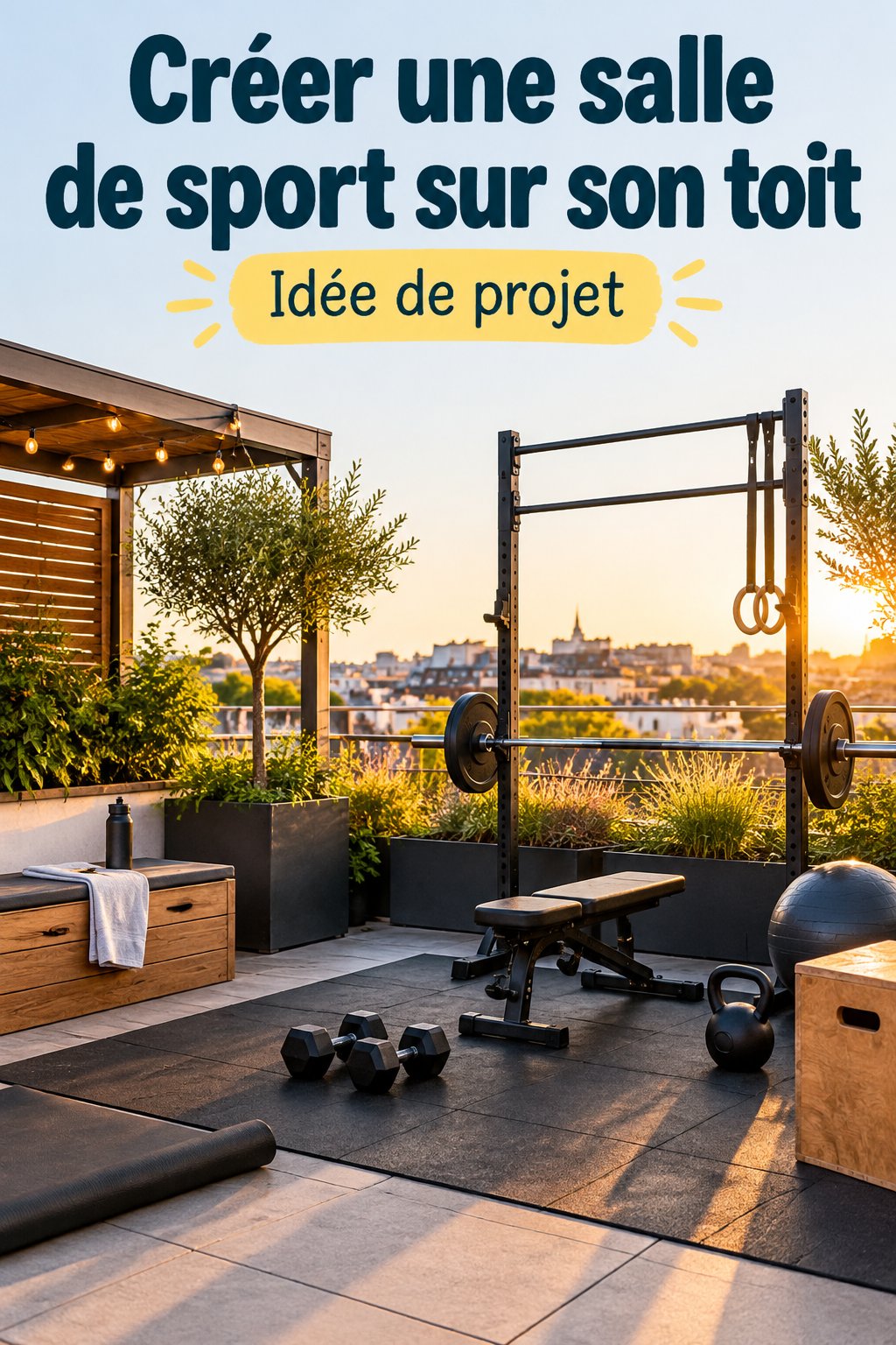 Vue du nouveau gym rooftop à City Heights avec des espaces de fitness en extérieur.