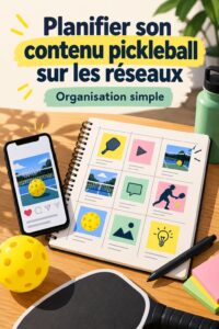 Une femme souriante utilisant un ordinateur pour planifier ses publications de pickleball sur les réseaux sociaux.