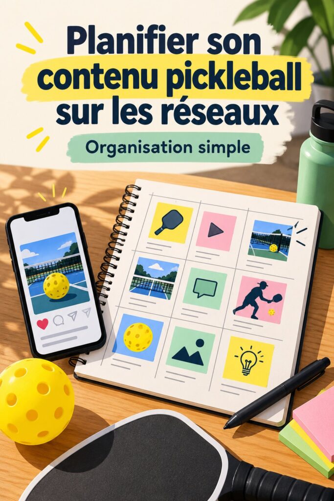 Une femme souriante utilisant un ordinateur pour planifier ses publications de pickleball sur les réseaux sociaux.