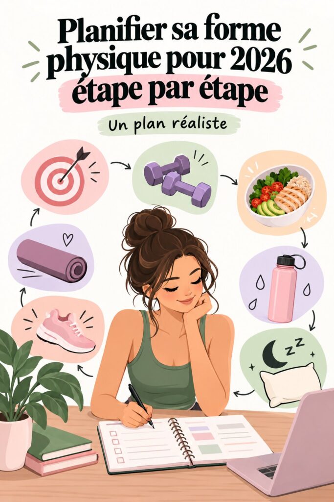 Femme active planifiant sa remise en forme pour 2026 avec un carnet et un stylo