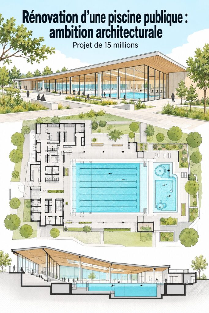 Vue d'une piscine publique rénovée avec un design moderne et accueillant.