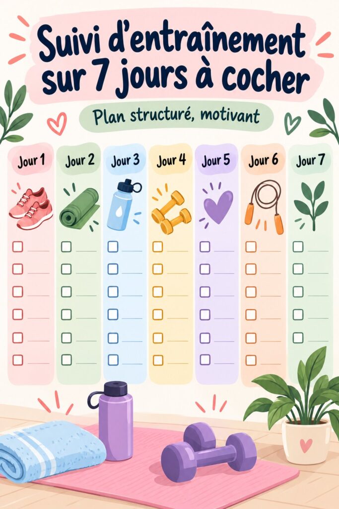 Femme regardant une checklist d'entraînement sur 7 jours dans un carnet